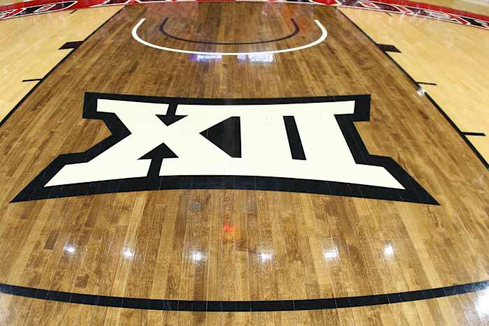 Jan 4, 2020; Lubbock, Texas, USA; The Big 12 Logo at United Supermarkets Arena before the game against the Texas Tech Red Raiders and the Oklahoma State Cowboys. Mandatory Credit: Michael C. Johnson-USA TODAY Sports